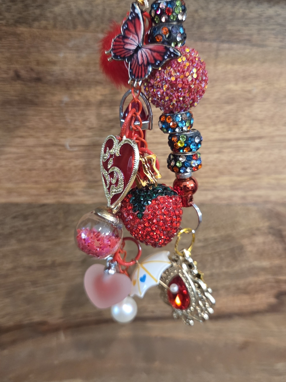 Sparkly Red Multi-Charm  with Heart, Umbrella,  Strawberry and other Charms